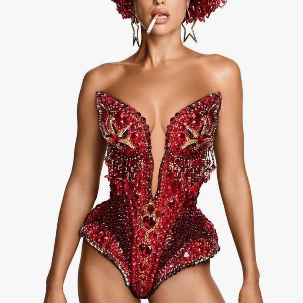 Red and gold rhinestone fire bedazzled beaded corset bodysuit 🔥